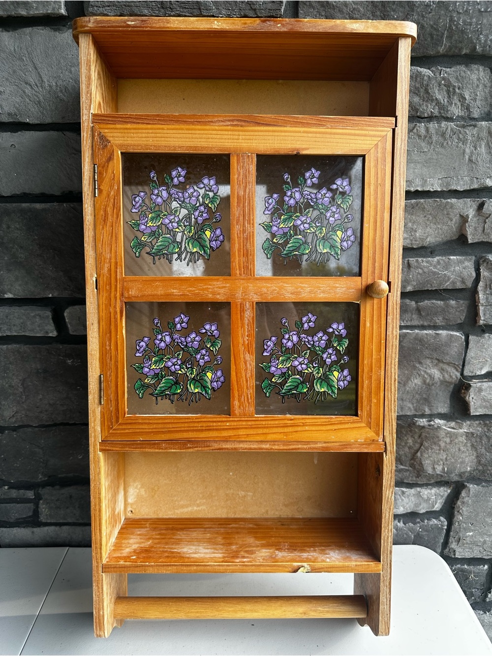 Wooden Wall Cabinet with Hand-Painted Floral Glass